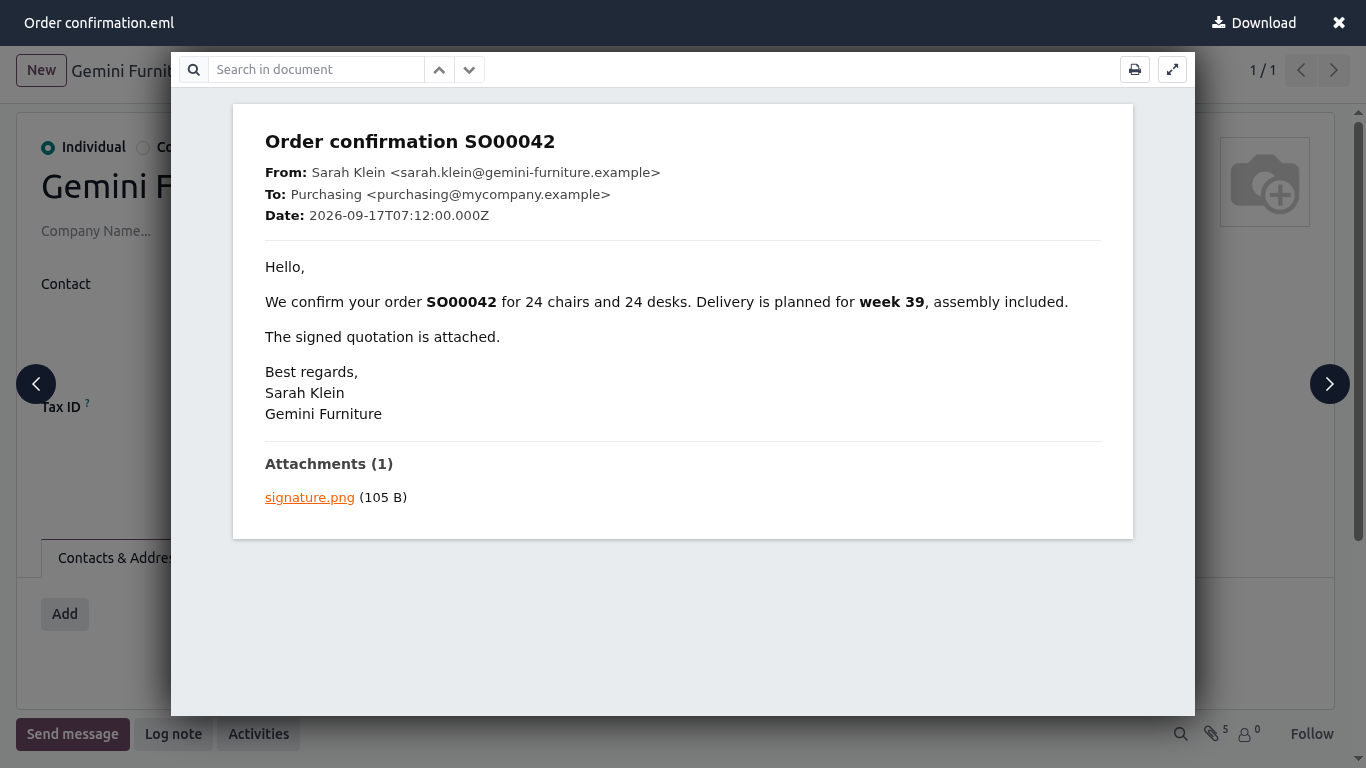 Outlook msg email file previewed in Odoo