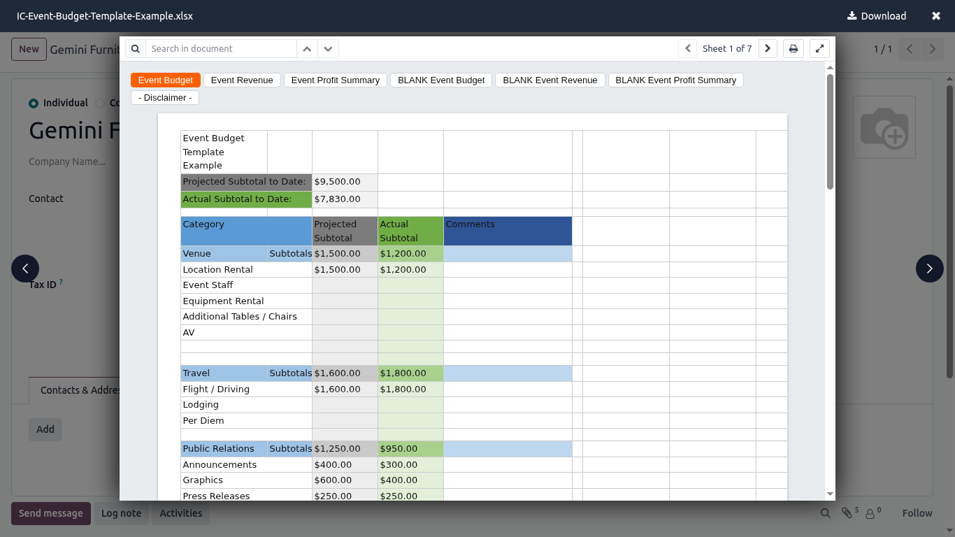 Excel xlsx file previewed in the Odoo attachment viewer