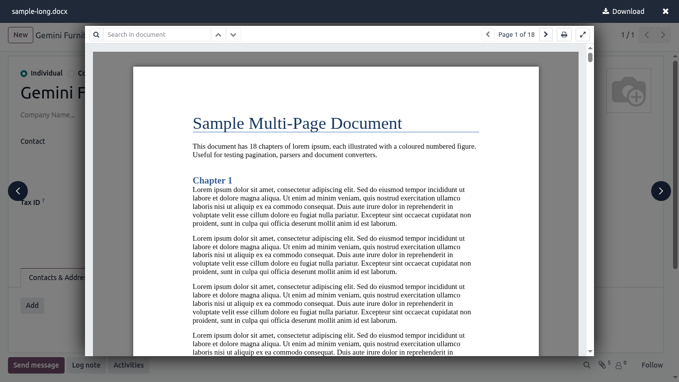 Preview of a Word docx attachment inside the Odoo chatter