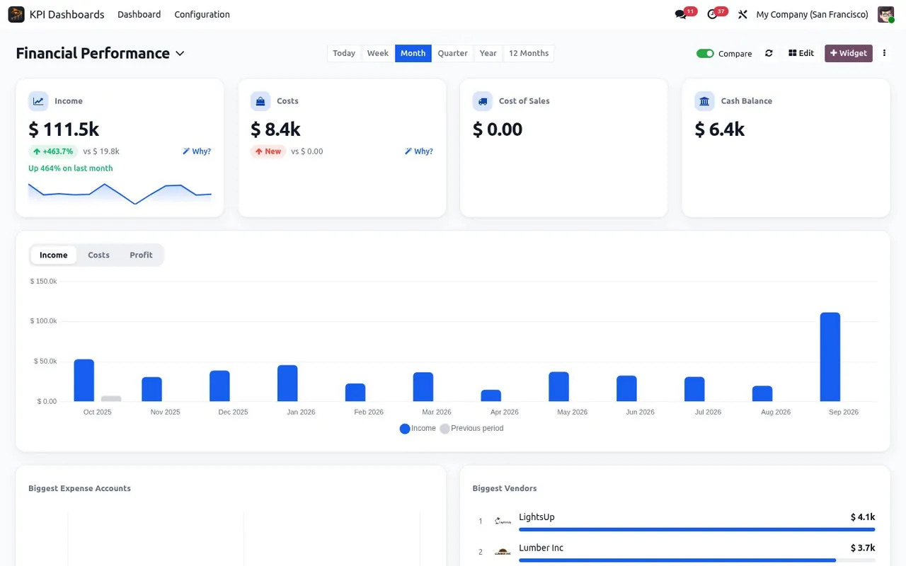 Odoo Financial Performance dashboard. Income, expenses and cost of sales month by month, with the largest accounts.