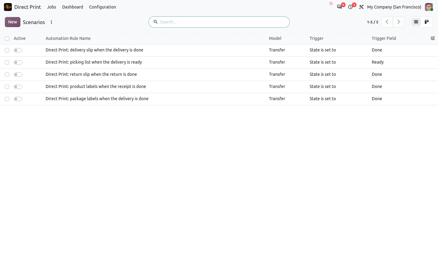 Odoo auto print scenarios for inventory: delivery slip, picking list and labels
