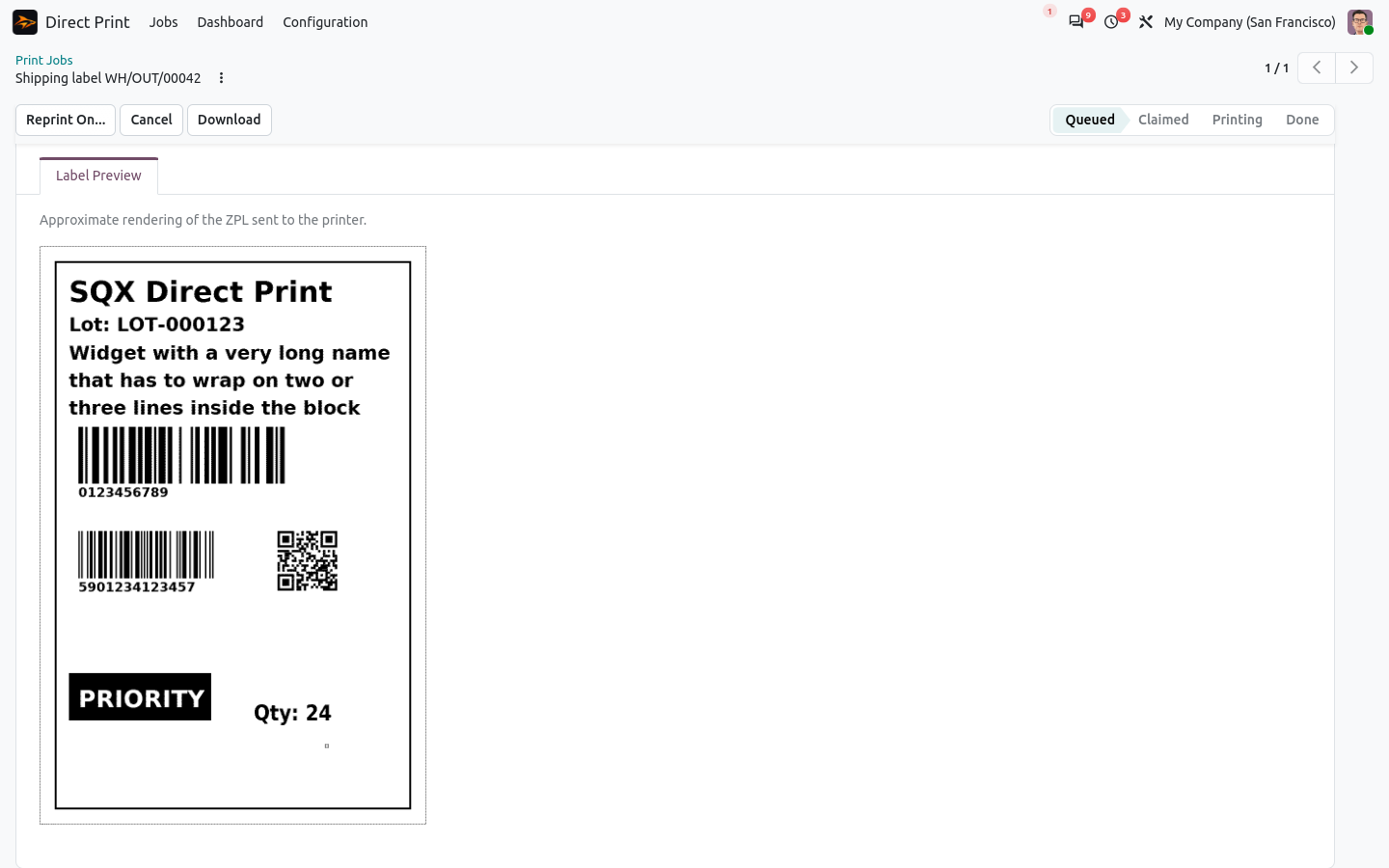 ZPL label printing preview in Odoo with barcode and QR code